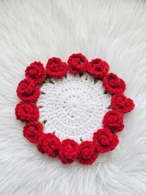 Handmade White Crochet Coaster with Red Rose Trim